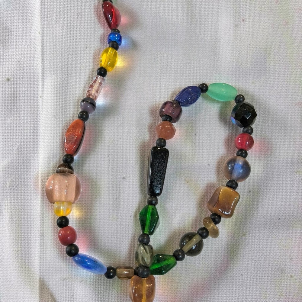 Vintage Multicolor Mixed Art Glass Bead Necklace 29in Harlequin Long Strand - Picture 12 of 15
